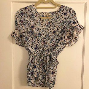 Max Studio, XS, Blue floral faux wrap blouse